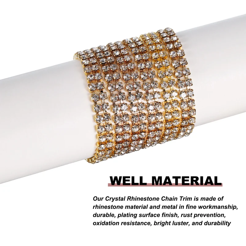1 Yard 2 Rows 3mm Rhinestone Chain, 6mm Crystal Chain Trim(Golden, White)