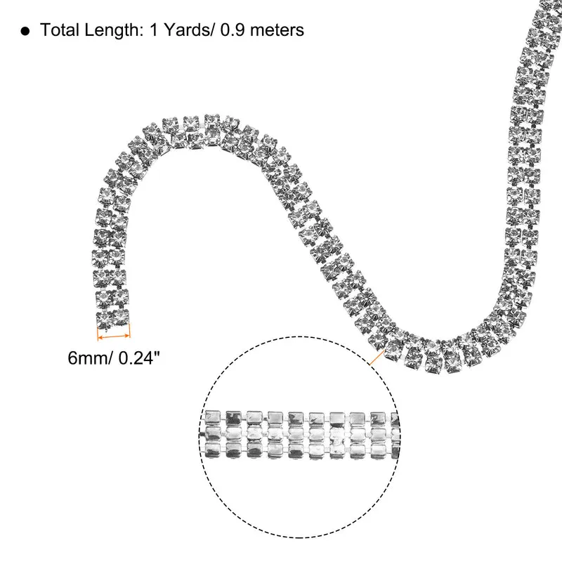 1 Yard 2 Rows 3mm Rhinestone Chain, 6mm Crystal Chain Trim(Silver)