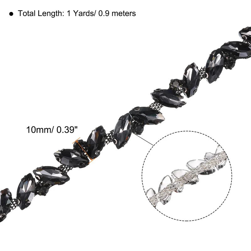 1 Yard Rhinestone Chain Trim, 10mm Shiny Crystal Chain Applique (Gray)