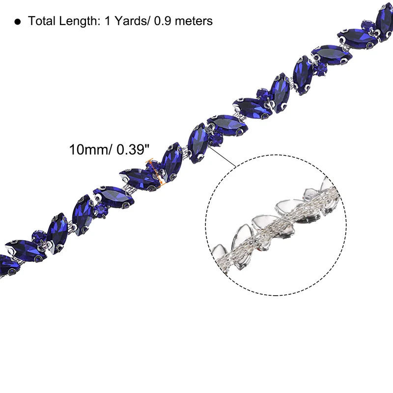 1 Yard Rhinestone Chain Trim, 10mm Shiny Crystal Chain Applique (Sapphire Blue)