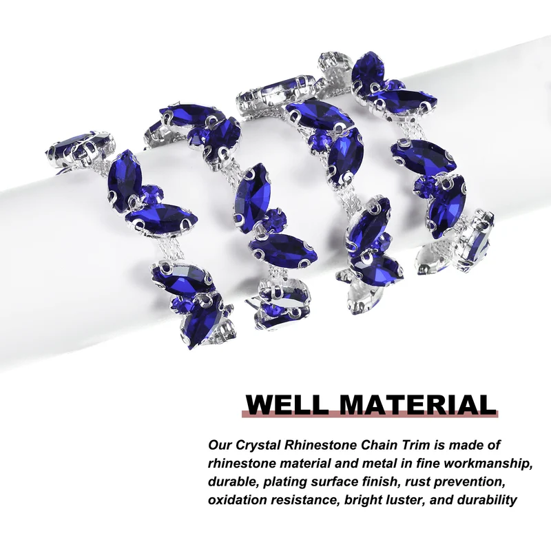 1 Yard Rhinestone Chain Trim, 10mm Shiny Crystal Chain Applique (Sapphire Blue)