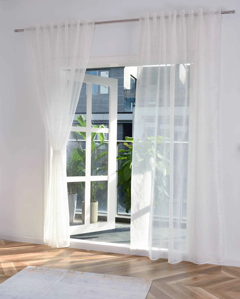 2er Set Transparente Gardine HxB 245x145 cm Weiß »DOHA« in Leinen-Optik mit Glänzendem Garn - Moderne Linien-Design, Pflegeleicht 2023490-2