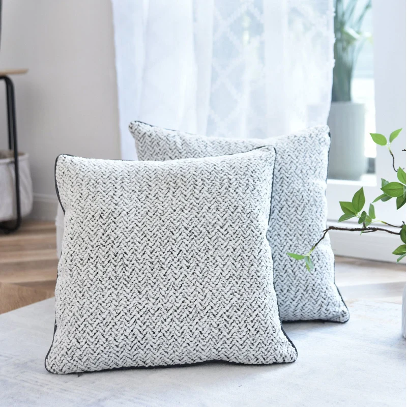 2er Set Chenille Dekokissen Bouclé-Optik LxB 40x40 cm Weiß Schwarz »MONTANA« mit Eleganter Schwarzer Paspelierung Reißverschluss Weicher Füllung 2023330K-2