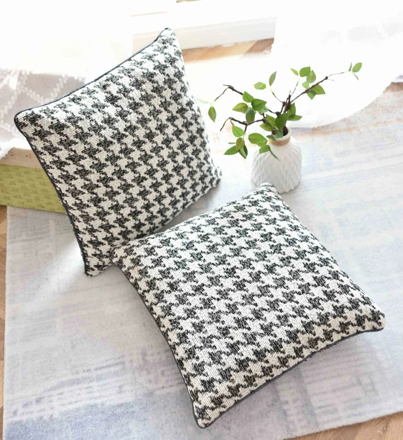 2er Set Kissen LxB 40x40 cm Creme Schwarz »PARIS« mit Füllung Ausgefallenes Hahnentritt-Muster schwarzes Paspelband 2023320K-2