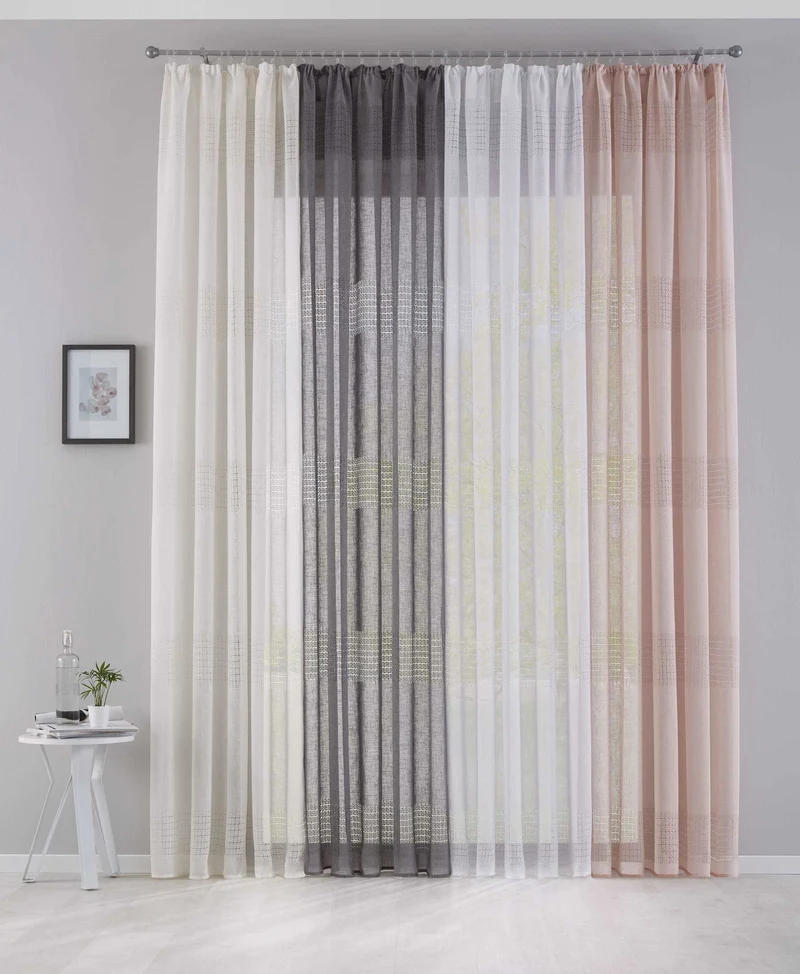 2er Set Gardinen Voile »Sanremo« Landhaus-Stil Querstreifen Leinen Häkel Optik Netzstruktur verdeckte Schlaufen Gardinenband 20190340-2