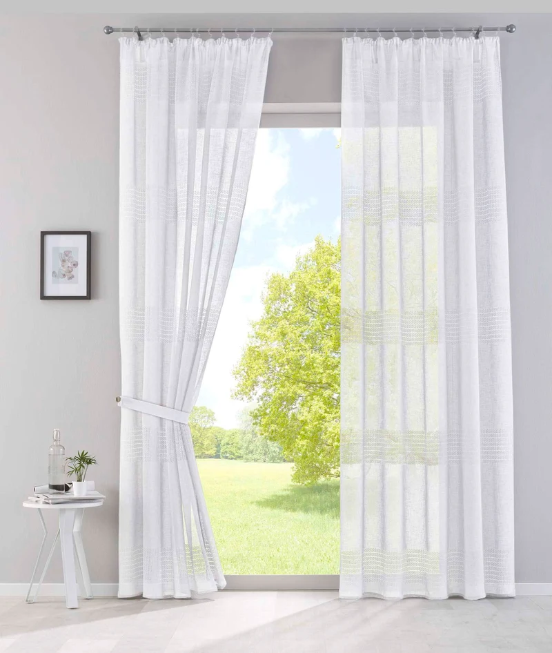 2er Set Gardinen Voile »Sanremo« Landhaus-Stil Querstreifen Leinen Häkel Optik Netzstruktur verdeckte Schlaufen Gardinenband 20190340-2