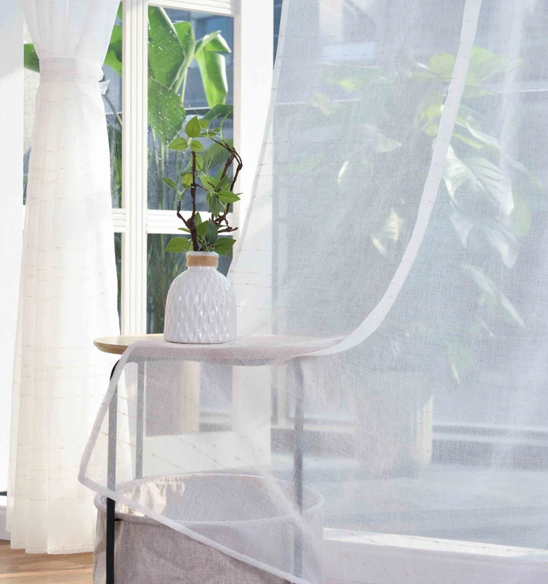 Transparente Gardine HxB 245x145 cm Weiß »DOHA« in Leinen-Optik mit Glänzendem Garn - Moderne Linien-Design, Pflegeleicht 2023490
