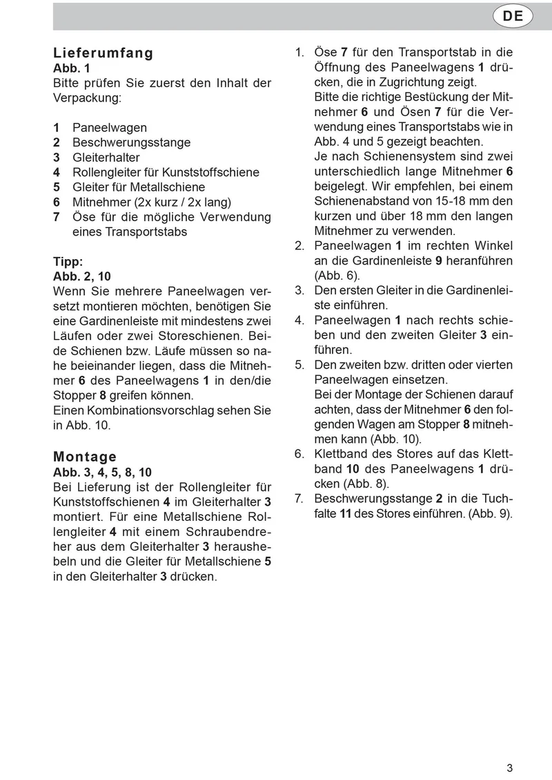 Paneelwagen aus Aluminium für Flächenvorhang incl.Beschwerungsstange Rollen- und X-Gleiter 10000324