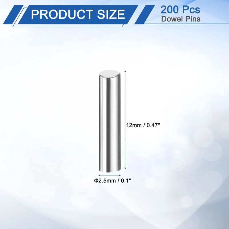 200Pcs 2.5 x 12 mm Dowel Pins, 304 Stainless Steel Shelf Support Peg Pin, Silver