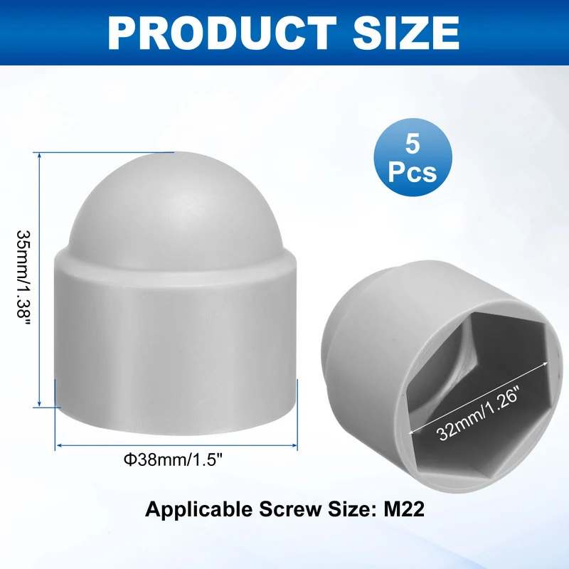 5Pcs Hex Nut Cover, M22x32x35mm Plastic Dome Nut Protection Cap, Gray