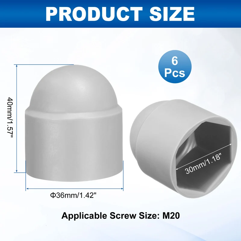 6Pcs Hex Nut Cover, M20x30x40mm Plastic Dome Nut Protection Cap, Gray