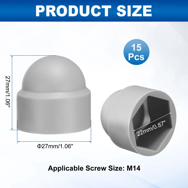 15Pcs Hex Nut Cover, M14x22x27mm Plastic Dome Nut Protection Cap, Gray