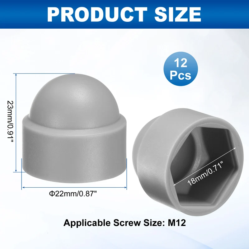 12Pcs Hex Nut Cover, M12x18x23mm Plastic Dome Nut Protection Cap, Gray