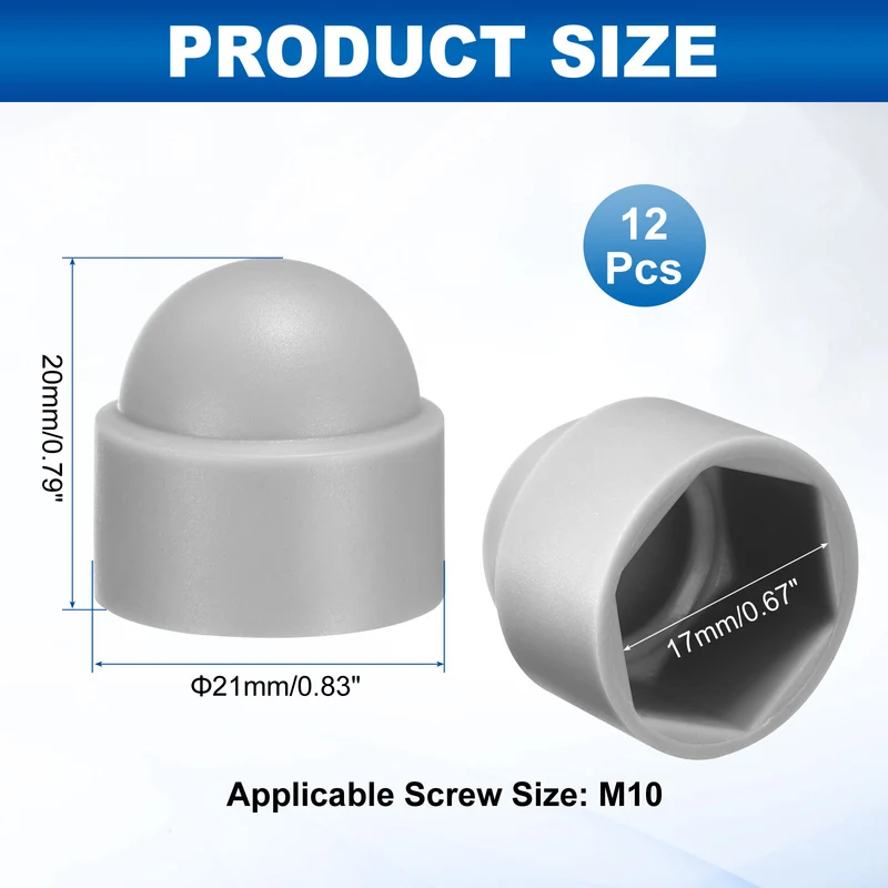 12Pcs Hex Nut Cover, M10x17x20mm Plastic Dome Nut Protection Cap, Gray