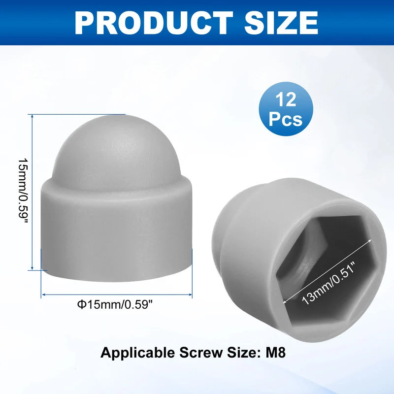 12Pcs Hex Nut Cover, M8x13x15mm Plastic Dome Nut Protection Cap, Gray