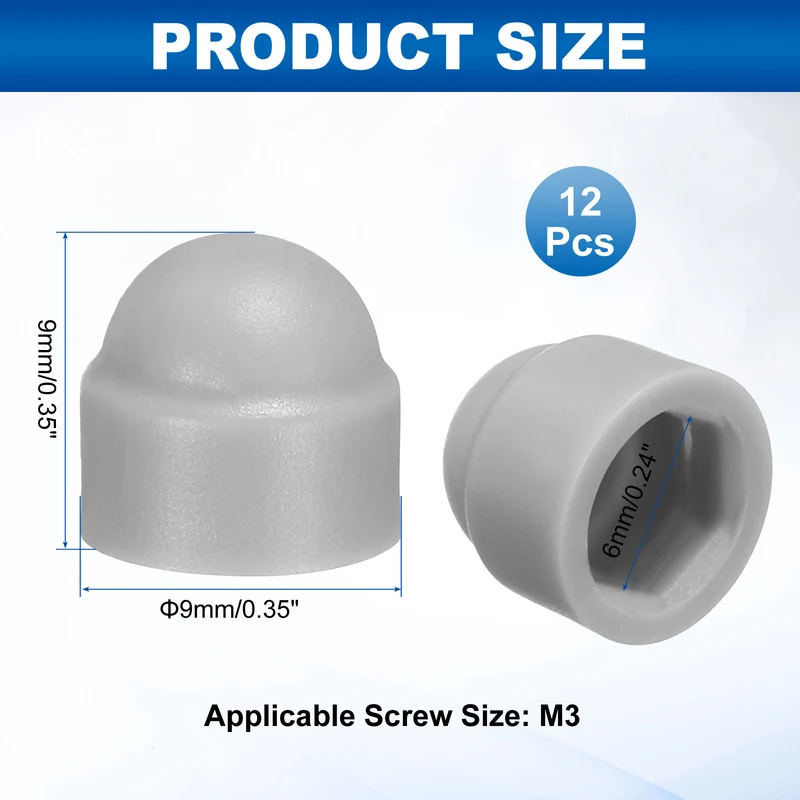 12Pcs Hex Nut Cover, M3x6x9mm Plastic Dome Nut Protection Cap, Gray