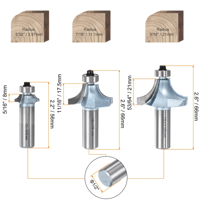 Roundover Router Bit Set 1/2 Shank 5/32" 7/16" 9/16" Radius Light Blue