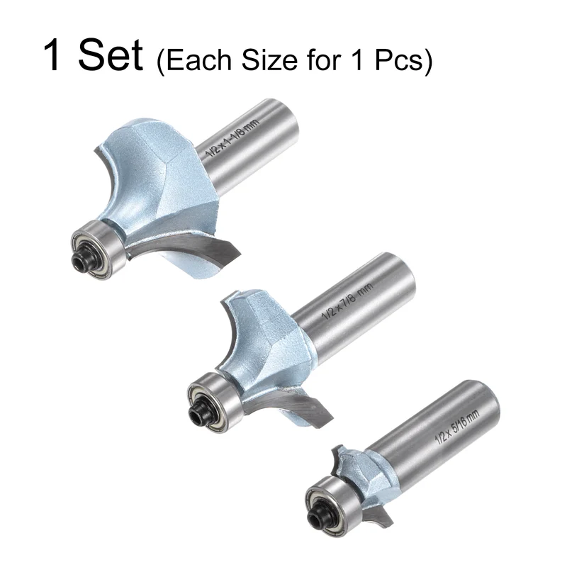 Roundover Router Bit Set 1/2 Shank 5/32" 7/16" 9/16" Radius Light Blue