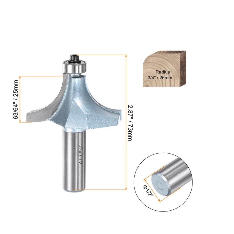 2pcs Roundover Router Bit 1/2 Shank 3/4" Radius Tungsten Steel Tip Light Blue