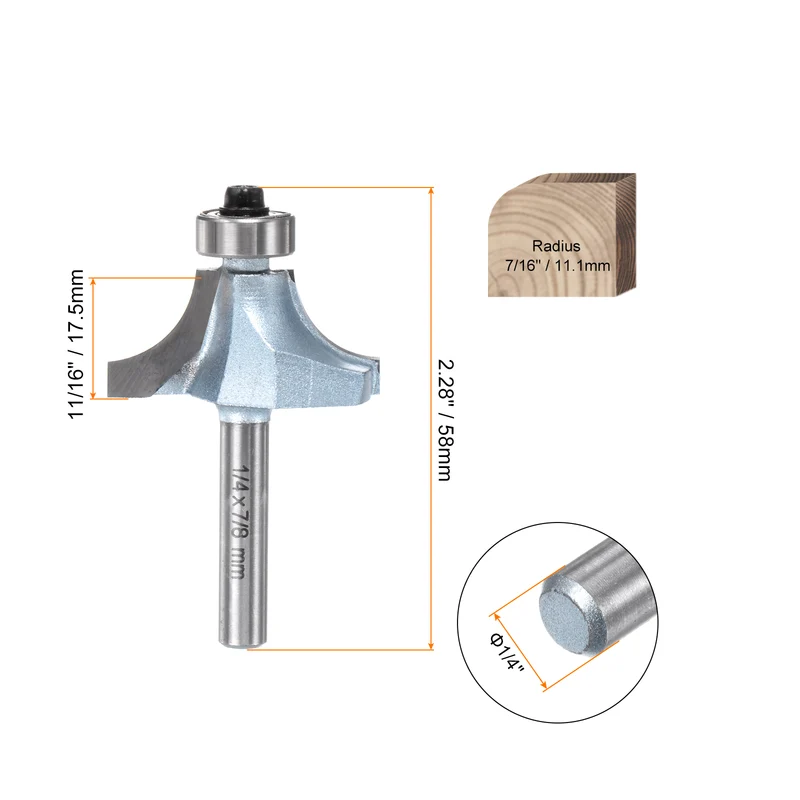2pcs Roundover Router Bit 1/4 Shank 7/16" Radius Tungsten Steel Tip Light Blue