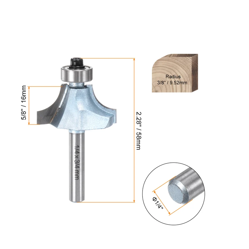 2pcs Roundover Router Bit 1/4 Shank 3/8" Radius Tungsten Steel Tip Light Blue
