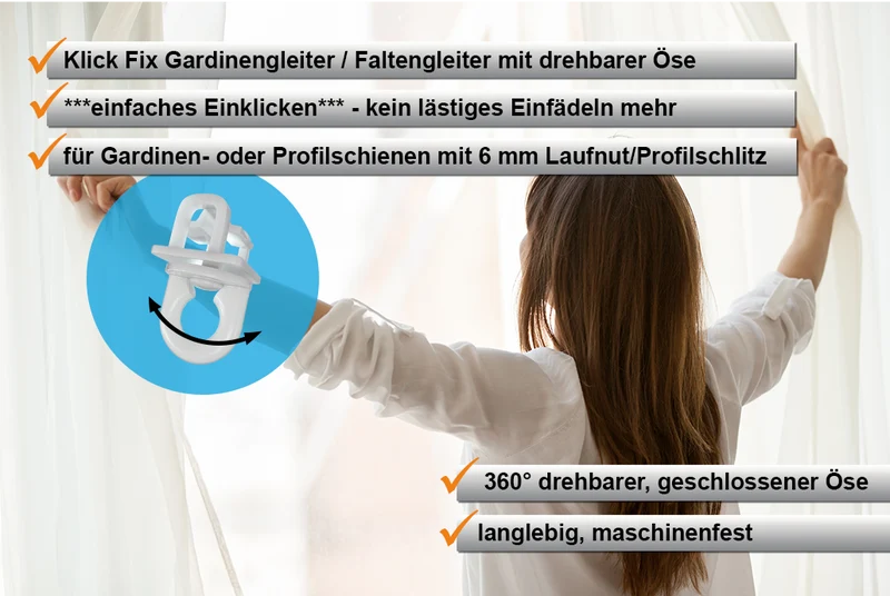 Klick-Fix-Gardinengleiter mit drehbarer Öse – 6–6,5 mm
