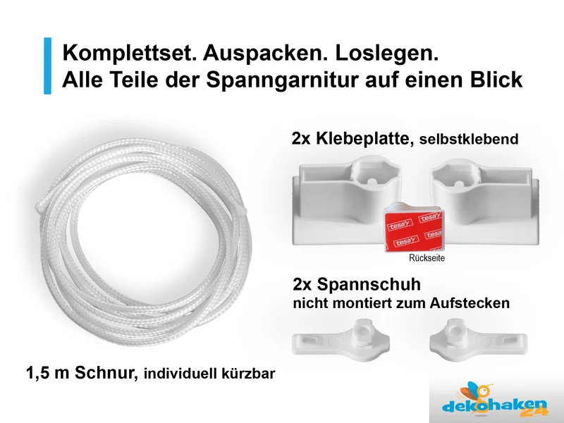 Seilspanngarnitur 1,5 m mit Klebeplatten – ohne Bohren
