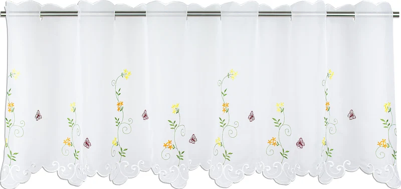 Scheibengardine bestickt mit Schmetterling und Blumen HxB 48x140cm