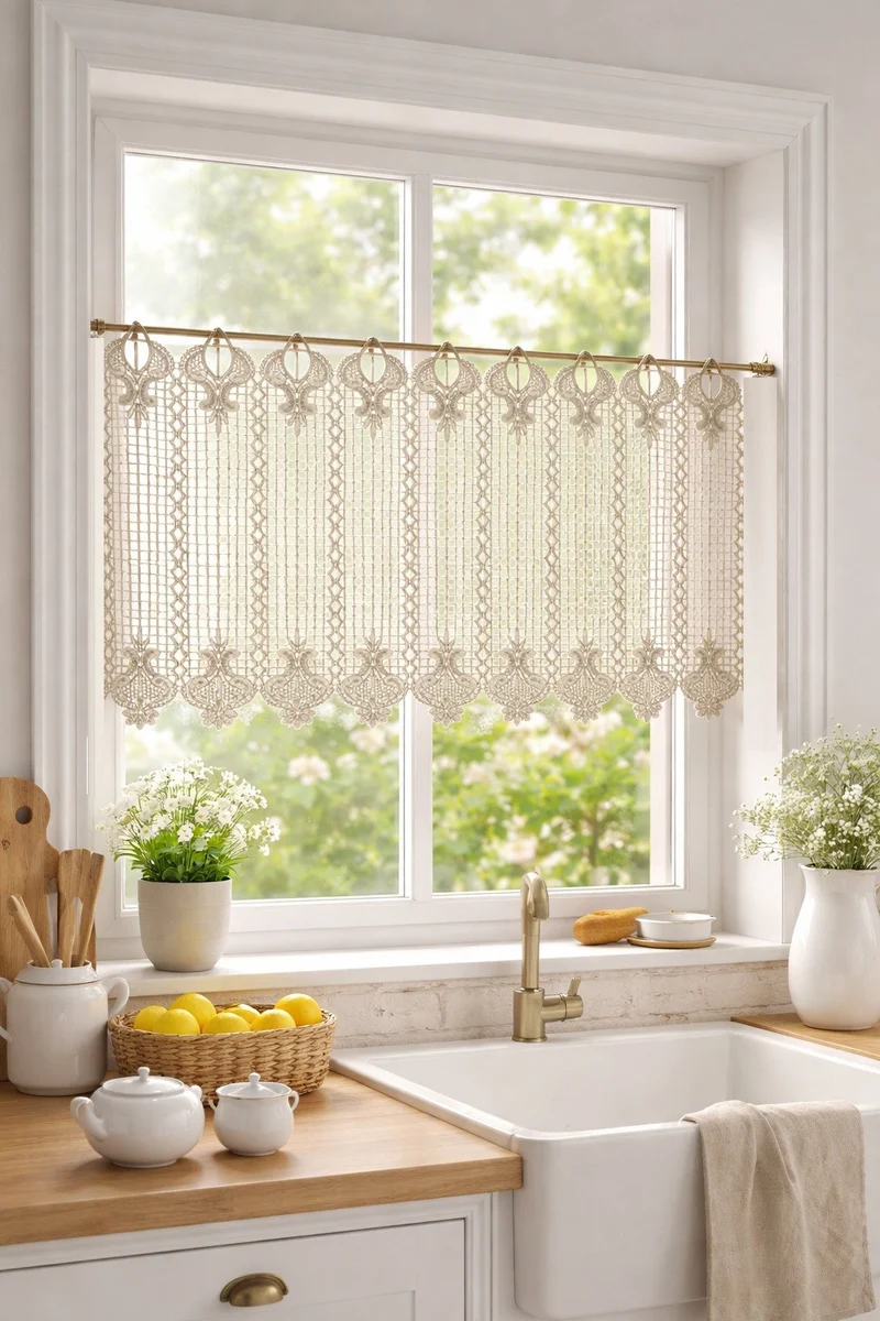 nach Maß Scheibengardine Häkeloptik creme Höhe 45/60cm 223