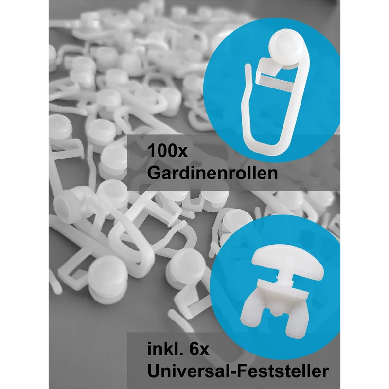 Gardinenröllchen 8 mm mit Universal-Feststellern – Komplettset