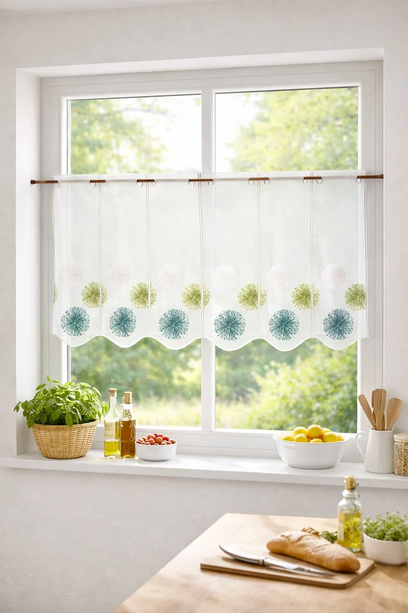Nach Maß Scheibengardine Rawlins blau grün bestickt Höhe 45/60cm