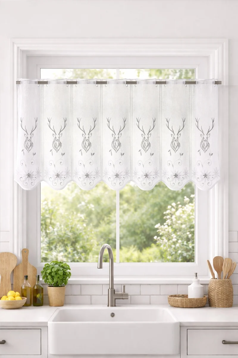 Scheibengardine Landhaus Hirsch bestickt Bistrogardine Höhe 60cm versch. Breiten