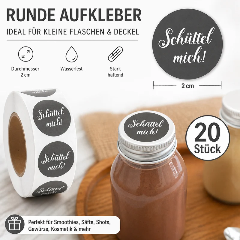 20x hochwertige Etiketten "Schüttel mich" hohe Klebekraft 2cm Aufkleber rund