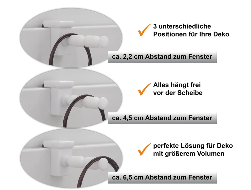 Fensterhaken/Dekohaken mit Distanzhalter, Größe M, Klemmbereich 10-27 mm