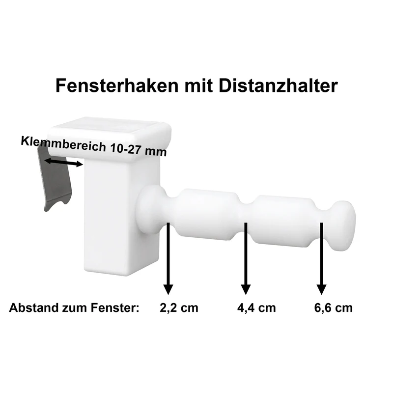 Fensterhaken/Dekohaken mit Distanzhalter, Größe M, Klemmbereich 10-27 mm