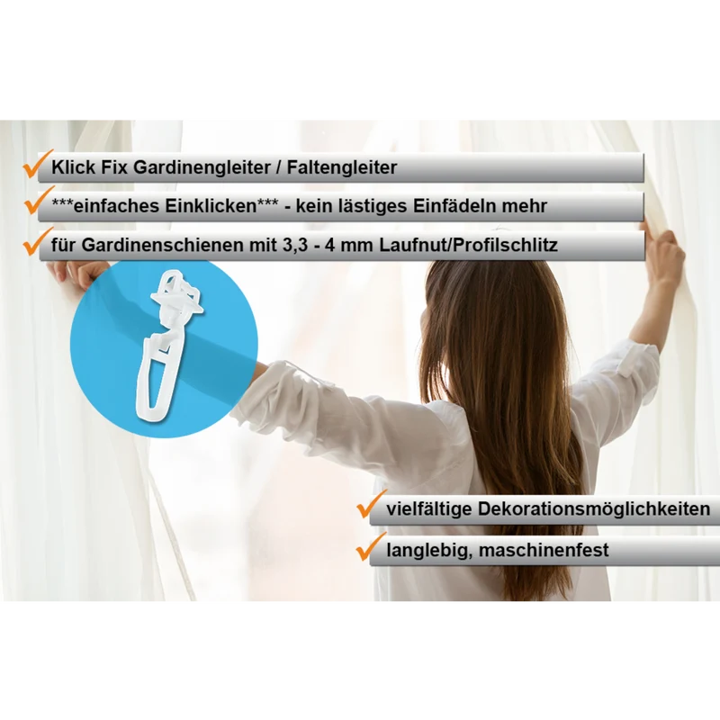 Klick Fix Gardinengleiter für Piccolo Gardinenschienen mit 3,2 - 4 mm Laufnut