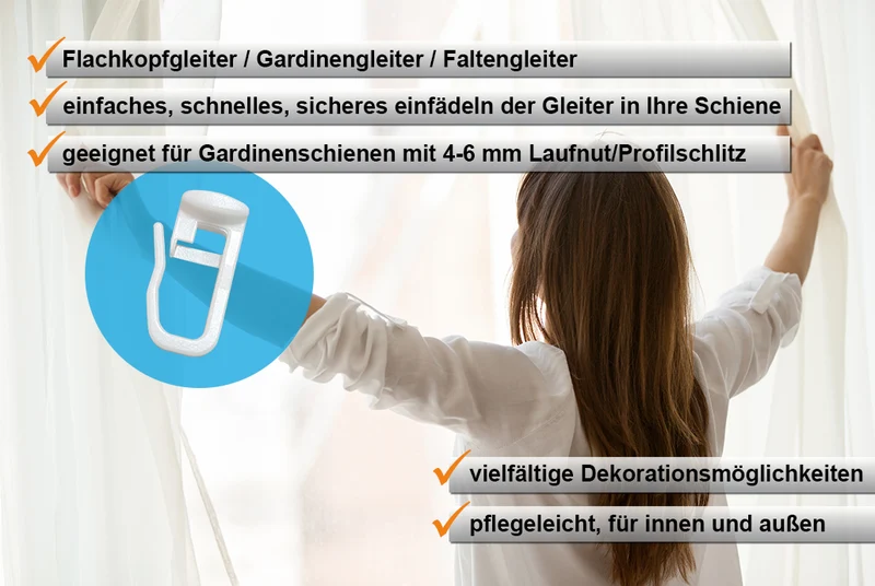 Flachkopfgleiter 11 × 9 mm mit verschließbarem Faltenlegehaken