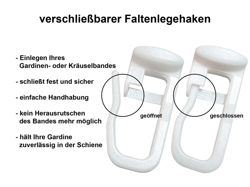 Flachkopfgleiter 11 × 9 mm mit verschließbarem Faltenlegehaken