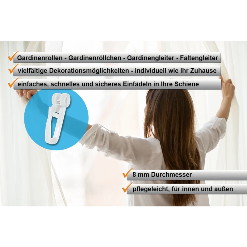 Gardinenröllchen 8 mm mit verschließbarem Faltenlegehaken