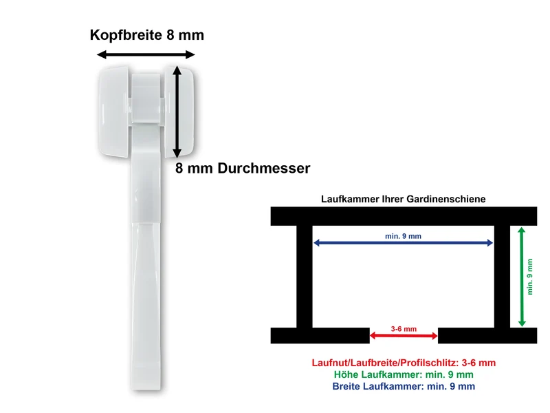 Gardinenröllchen 8 mm mit verschließbarem Faltenlegehaken