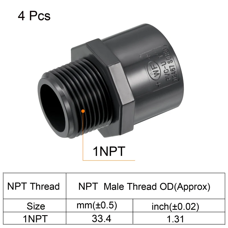 4Pcs Pipe Fitting 1NPT Male Thread 1" Socket Straight Connector Gray