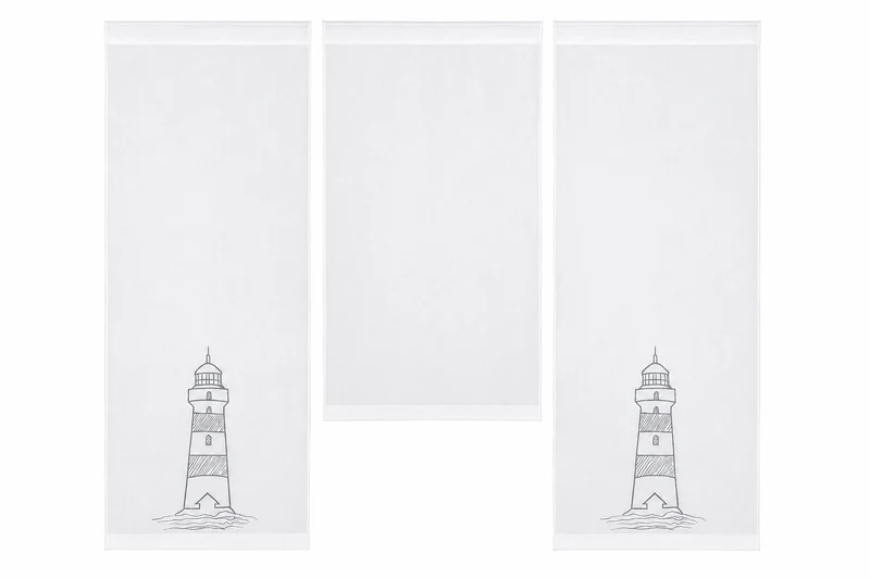 Design Mini Flächenvorhang Set weiß bestickt Leuchtturm grau 4142