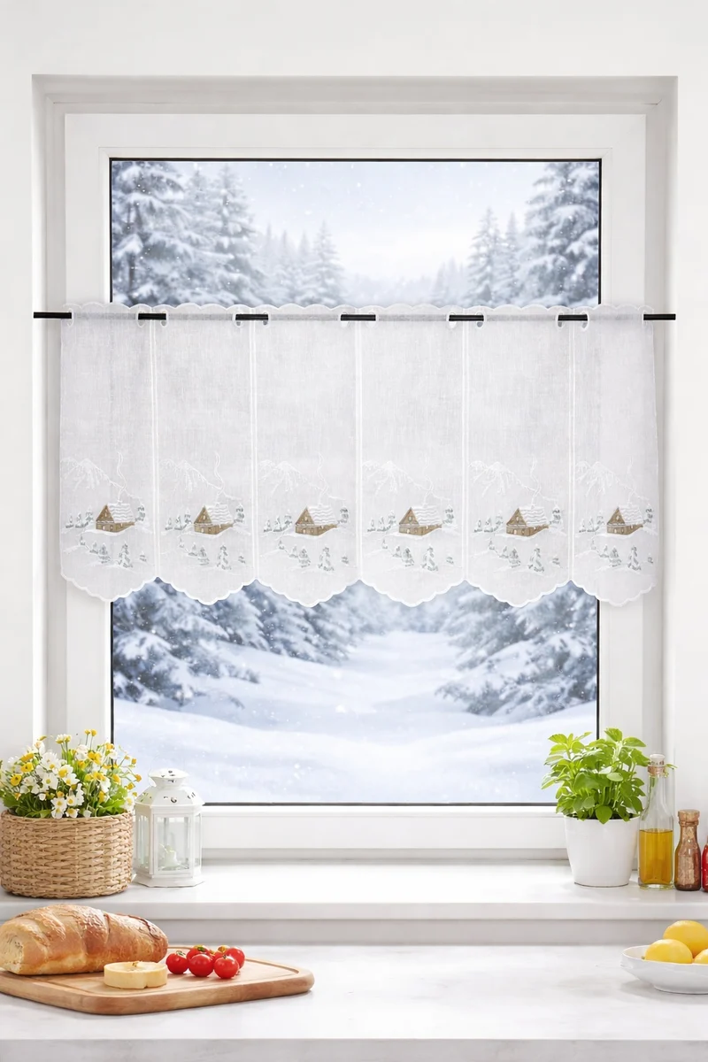 nach Maß Scheibengardine Winterlandschaft Hütte weiß Höhe 45cm
