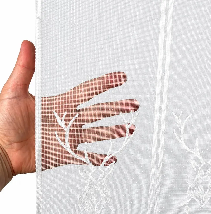 Nach Maß Scheibengardine Jacquard Hirsch weiß Höhe 45/60/75/90cm