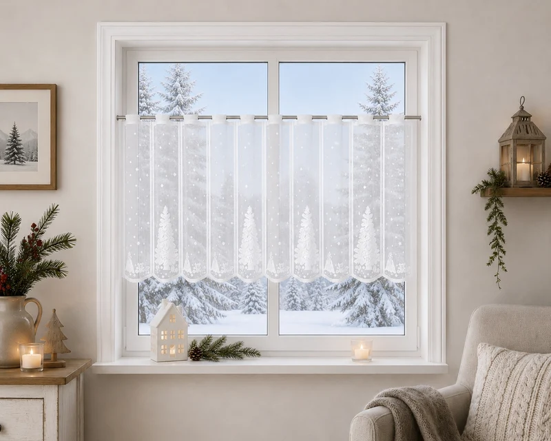 Scheibengardine Tannenbaum Geschenk weiß HxB 50x140cm