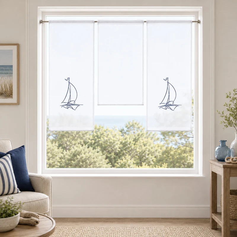 Design Mini Flächenvorhang Set bestickt Segelboot blau 4114