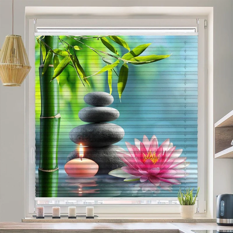 Plissee Motiv "Lotus Bambus Steinturm Kerze"