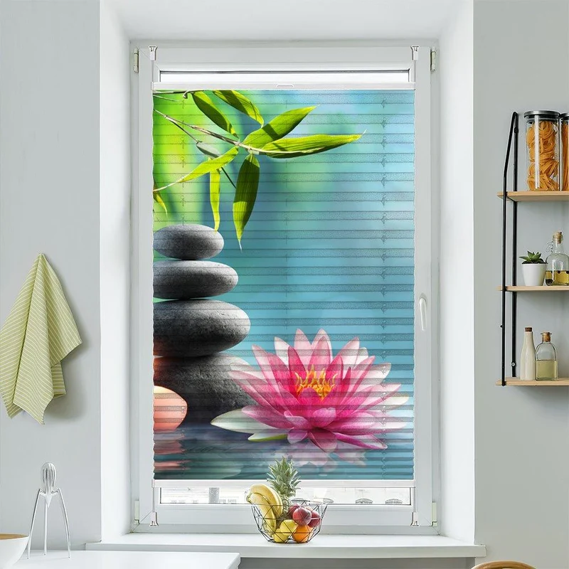 Plissee Motiv "Lotus Bambus Steinturm Kerze"