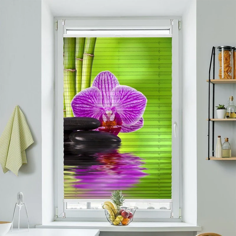 Plissee Motiv "Bambus Orchidee Steine"
