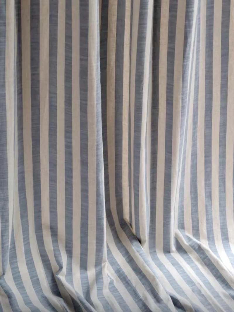 Tie Top Curtains: Custom Coastal Blue Ticking Stripe Linen Drapery for Nursery & Kids Room, 100% Linen